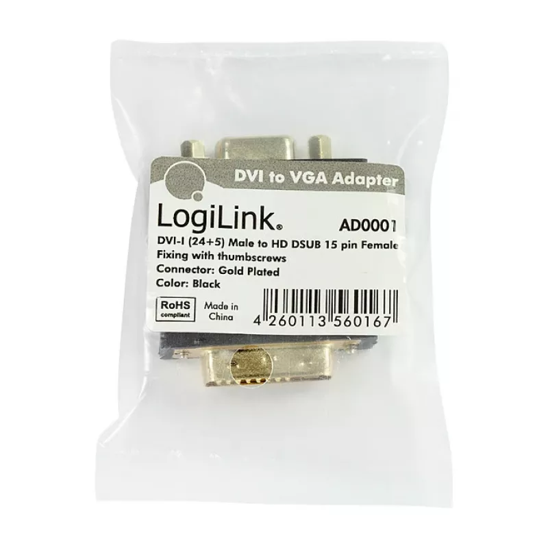 LogiLink AD0001 DVI-I to VGA adapter, DVI-I isane to HD15 emane, 1080p, must