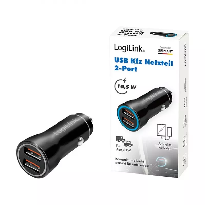 LogiLink PA0285 2-pordiline USB autolaadija 10,5W, LED-valgustusega, must