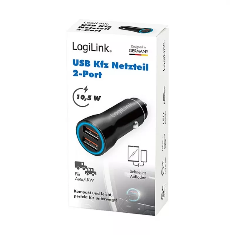 LogiLink PA0285 2-pordiline USB autolaadija 10,5W, LED-valgustusega, must