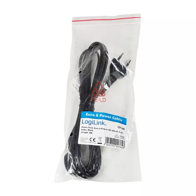 LogiLink CP145 toitekaabel Europlug to IEC C7 1.8 m must