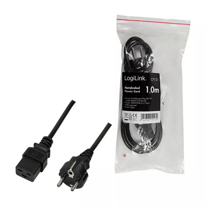 Logilink CP151 toitekaabel, CEE 7/7 – IEC C19, must, 1 m