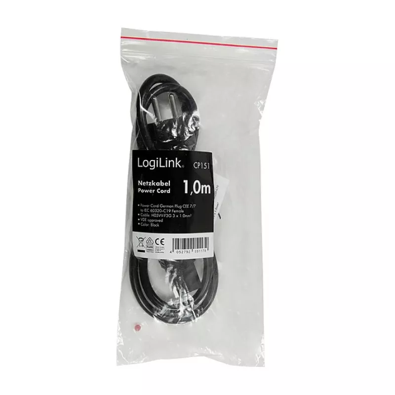 Logilink CP151 toitekaabel, CEE 7/7 – IEC C19, must, 1 m