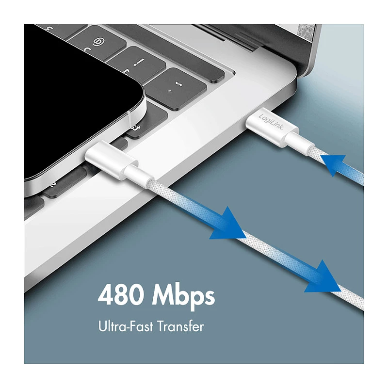 LogiLink CU0320 USB 2.0 Type-C kaabel, USB-A – USB-C, 480 Mbps, 60W, nailonist punutud, valge, 0,5 m