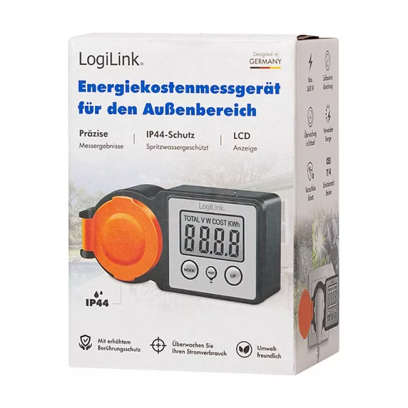 LogiLink energiakulu mõõtur välistingimustesse, IP44 pritsmekindel, 16A, 3680W, Schuko, LCD