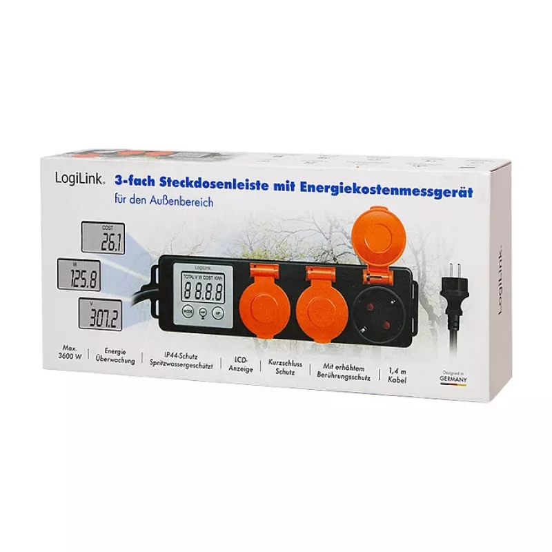 LogiLink energiakulumõõtur 3 välise pistikupesaga, IP44, Schuko, 3680 W