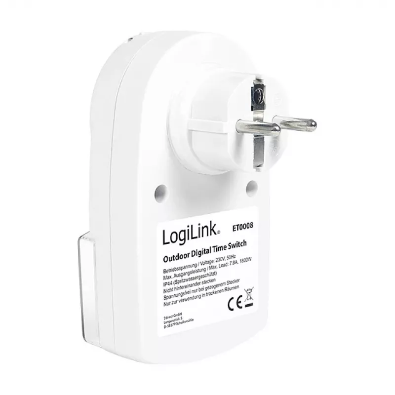 LOGILINK ET0008 väline digitaalne taimer - IP44, 10 sisse/välja programmi, 16A/3680W, Schuko (tüüp F), must/hall