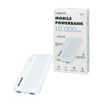 Logilink Mobiilne akupank, LiPo, 10000 mAh, USB-C sisend/väljund, valge
