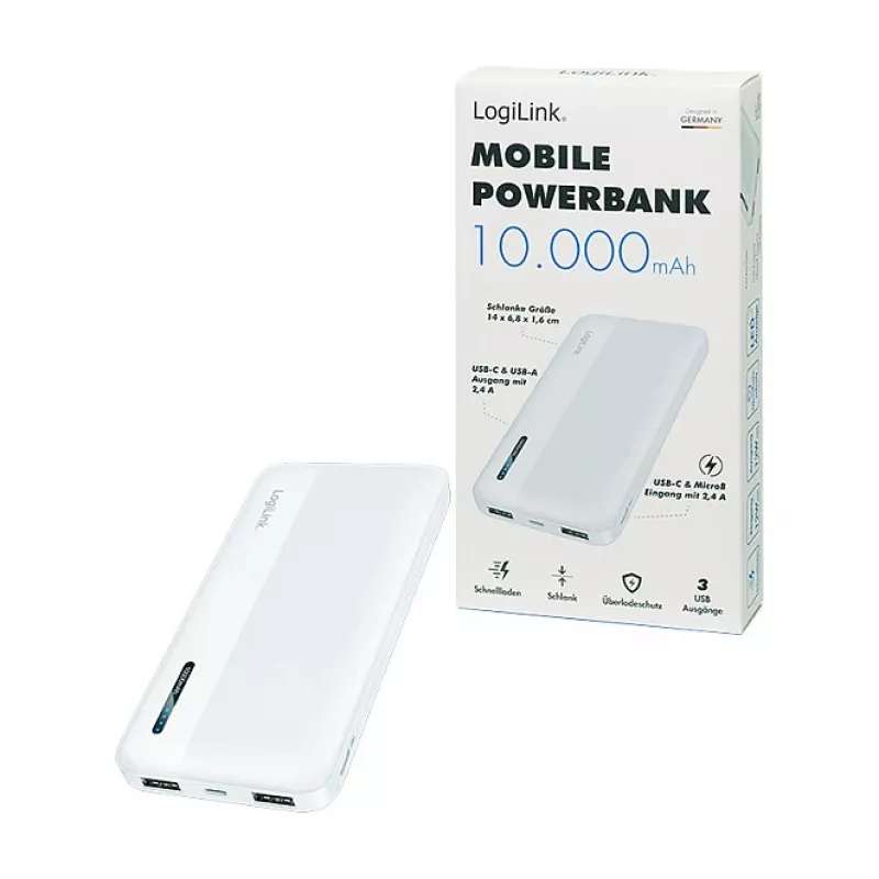 Logilink Mobiilne akupank, LiPo, 10000 mAh, USB-C sisend/väljund, valge