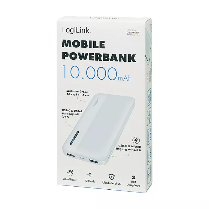 Logilink Mobiilne akupank, LiPo, 10000 mAh, USB-C sisend/väljund, valge
