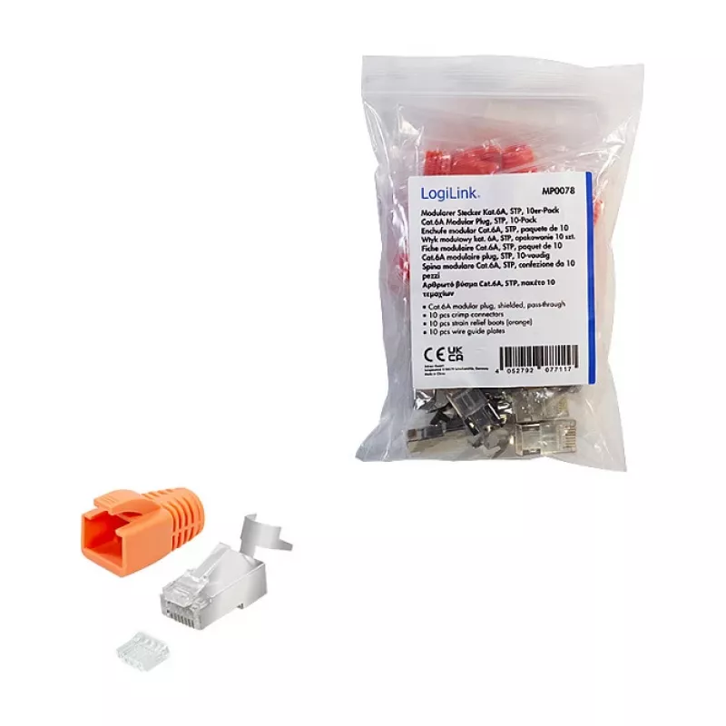 LogiLink Modulaarne pistik RJ45 Cat.6A STP läbiviiguga, 10-pakk