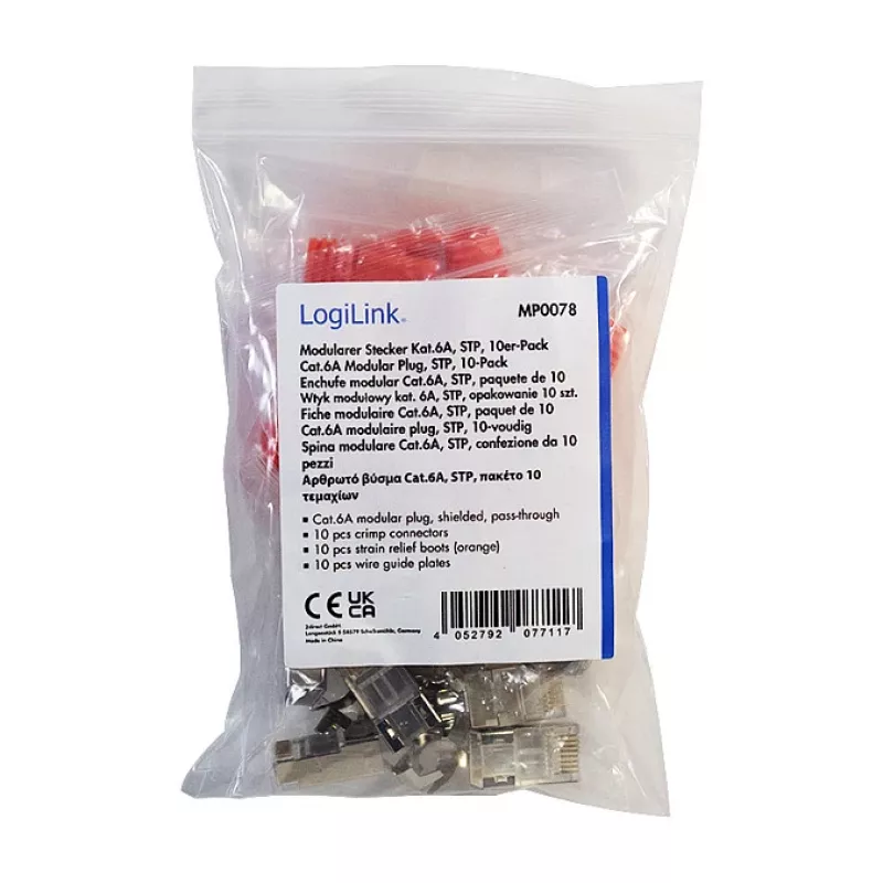 LogiLink Modulaarne pistik RJ45 Cat.6A STP läbiviiguga, 10-pakk