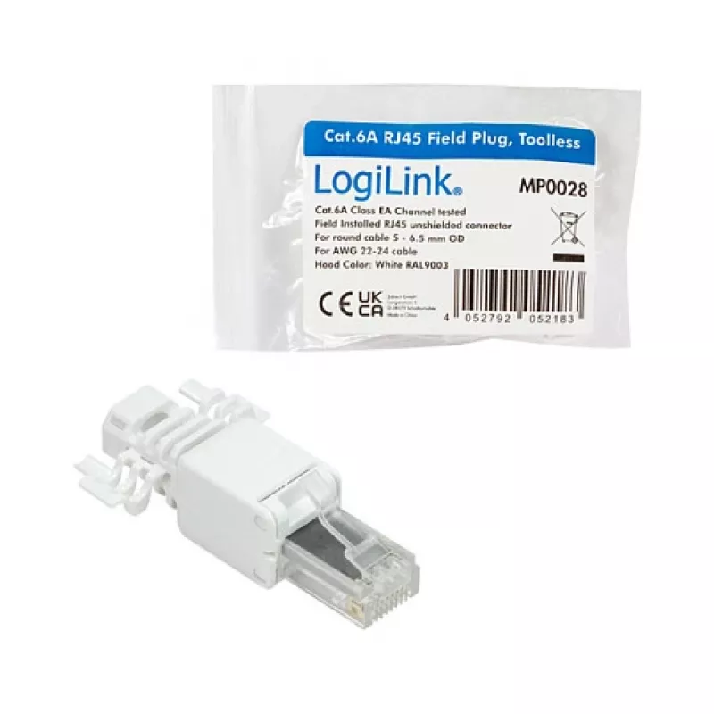LogiLink modulaarne pistik RJ45 Cat.6A, UTP, ilma tööriistata, valge
