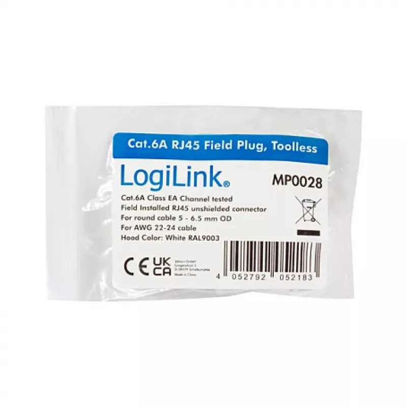 LogiLink modulaarne pistik RJ45 Cat.6A, UTP, ilma tööriistata, valge