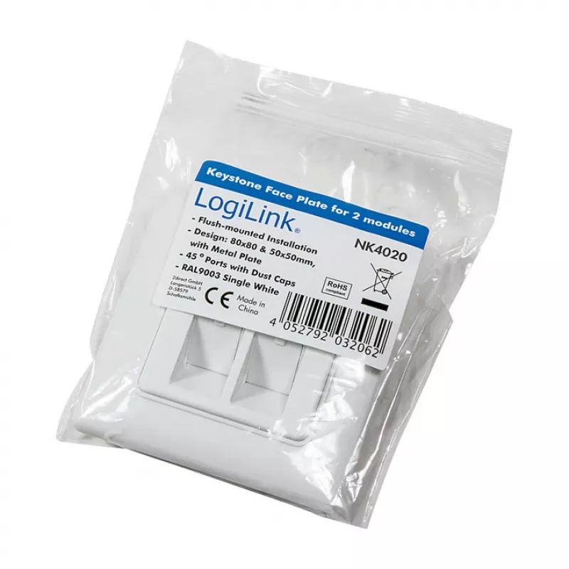 LogiLink NK4020 Keystone seinapaneel, tasapinnaline paigaldus, 2 moodulit, signaalvalge