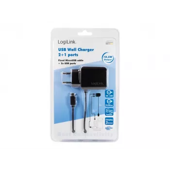 LogiLink PA0157 3-pordiline USB seinilaadija 10.5W integreeritud mikro-USB kaabliga, must