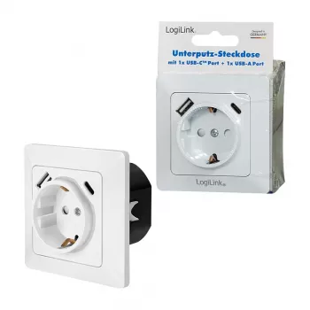 LOGILINK PA0253 seinakontakt 1 Schuko-pistikupesaga, 1 USB-A ja 1 USB-C laadimisport, 3.1A, valge