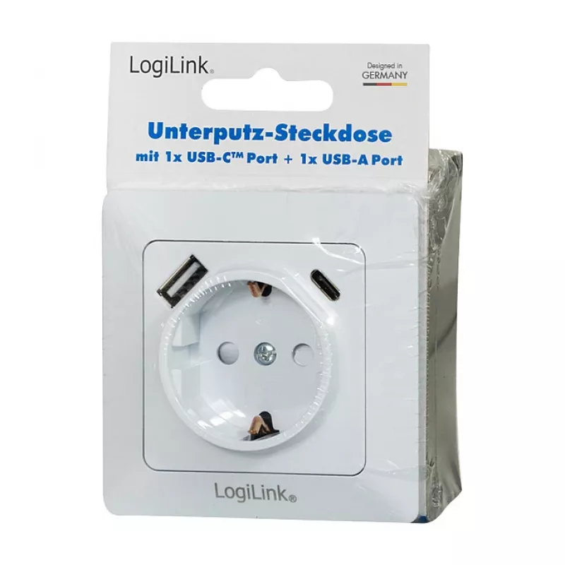 LOGILINK PA0253 seinakontakt 1 Schuko-pistikupesaga, 1 USB-A ja 1 USB-C laadimisport, 3.1A, valge