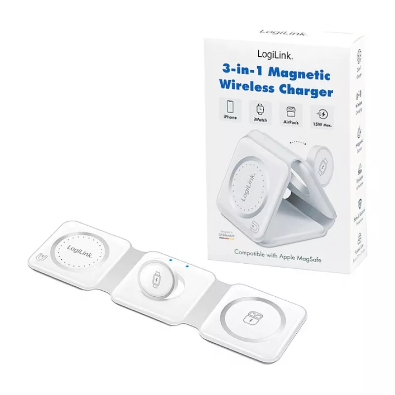 LOGILINK PA0344 magnetiline juhtmevaba laadija 3-in-1 Apple'i seadmetele, valge, kokkupandav, MagSafe, 15W