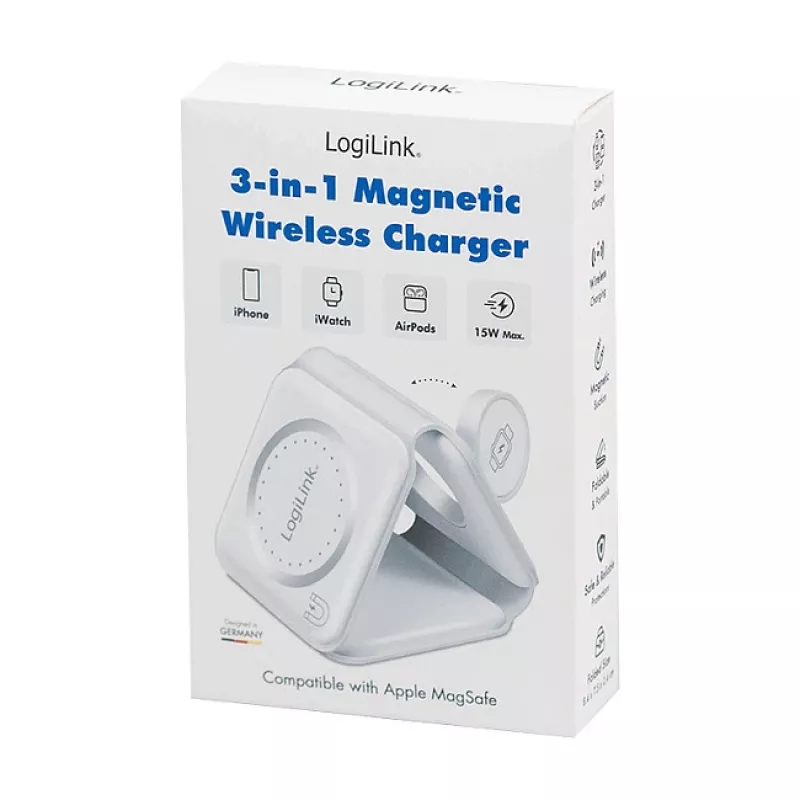LOGILINK PA0344 magnetiline juhtmevaba laadija 3-in-1 Apple'i seadmetele, valge, kokkupandav, MagSafe, 15W