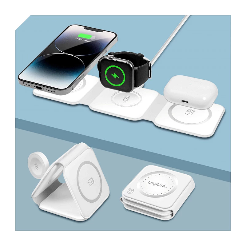 LOGILINK PA0344 magnetiline juhtmevaba laadija 3-in-1 Apple'i seadmetele, valge, kokkupandav, MagSafe, 15W
