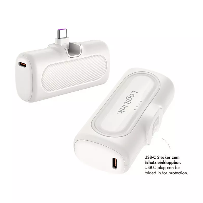 LogiLink PA0349W mobiilne akupank, 5000 mAh, LiPo, sisseehitatud kokkupandav USB-C-pistik ja USB-C-port, valge