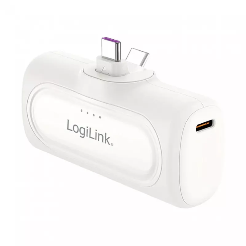 LogiLink PA0349W mobiilne akupank, 5000 mAh, LiPo, sisseehitatud kokkupandav USB-C-pistik ja USB-C-port, valge