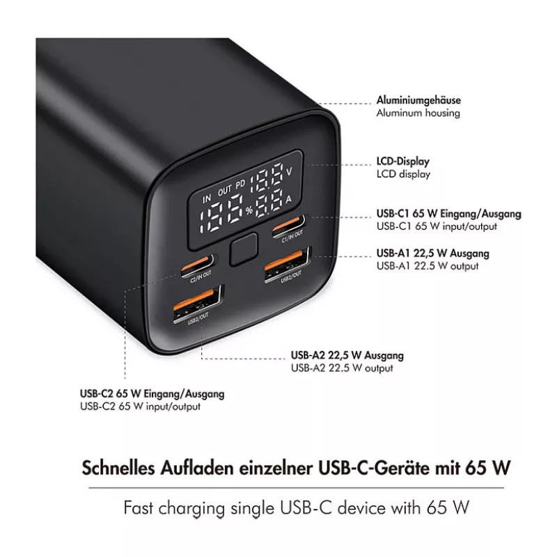 Logilink PA0350 Mobile Power Bank, 20,000 mAh, 65W PD & QC 3.0, Must