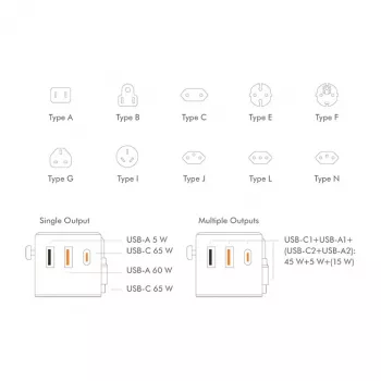 LOGILINK PA0357 USB-A/C reisilaadija, 70 W GaN, 4 pordiga, 2x USB-A (QC), 2x USB-C (PD), sihvakas, valge