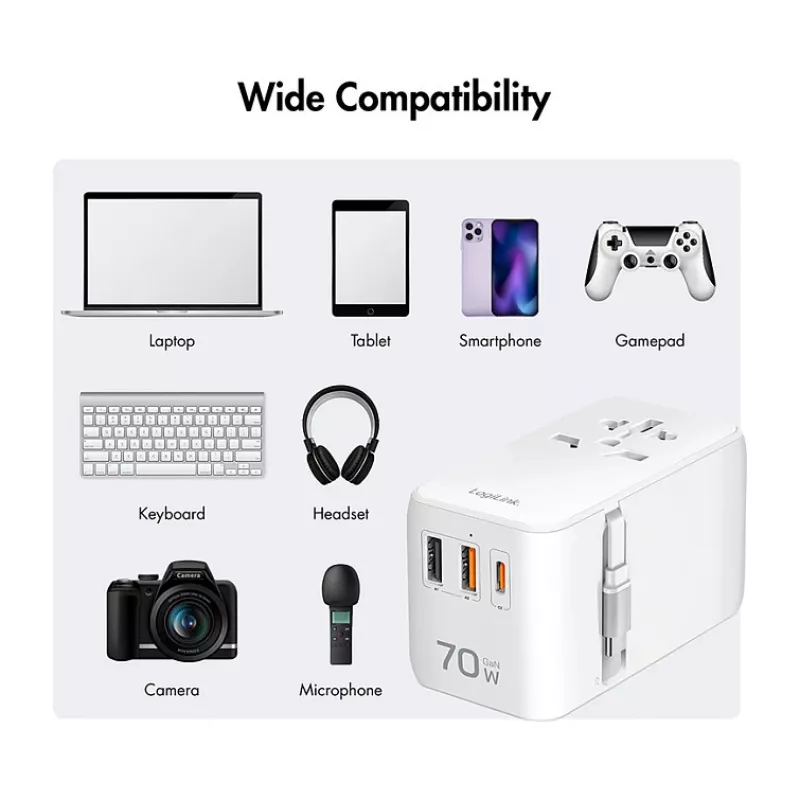 LOGILINK PA0357 USB-A/C reisilaadija, 70 W GaN, 4 pordiga, 2x USB-A (QC), 2x USB-C (PD), sihvakas, valge