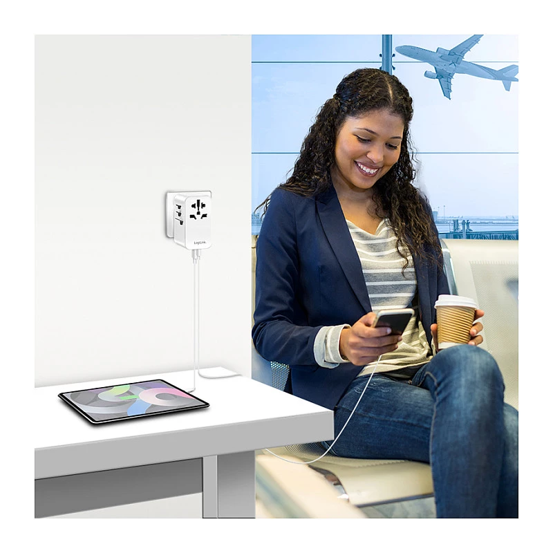 LOGILINK PA0357 USB-A/C reisilaadija, 70 W GaN, 4 pordiga, 2x USB-A (QC), 2x USB-C (PD), sihvakas, valge