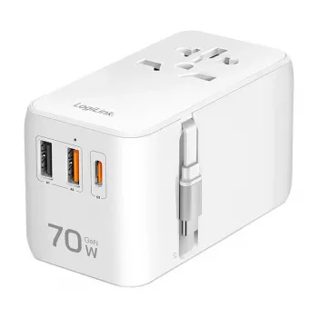 LOGILINK PA0357 USB-A/C reisilaadija, 70 W GaN, 4 pordiga, 2x USB-A (QC), 2x USB-C (PD), sihvakas, valge