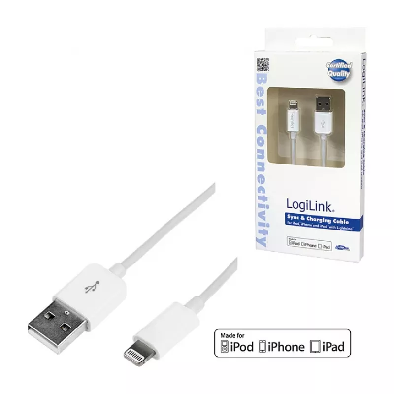 Logilink UA0199 Lightning-kaabel, MFi-sertifitseeritud, USB-A Lightning 8-pin, valge, 1m (kiirlaadimine ja sünkroniseerimine)