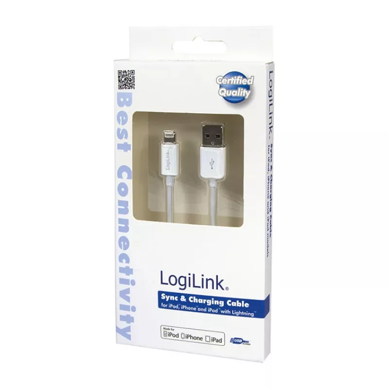 Logilink UA0199 Lightning-kaabel, MFi-sertifitseeritud, USB-A Lightning 8-pin, valge, 1m (kiirlaadimine ja sünkroniseerimine)