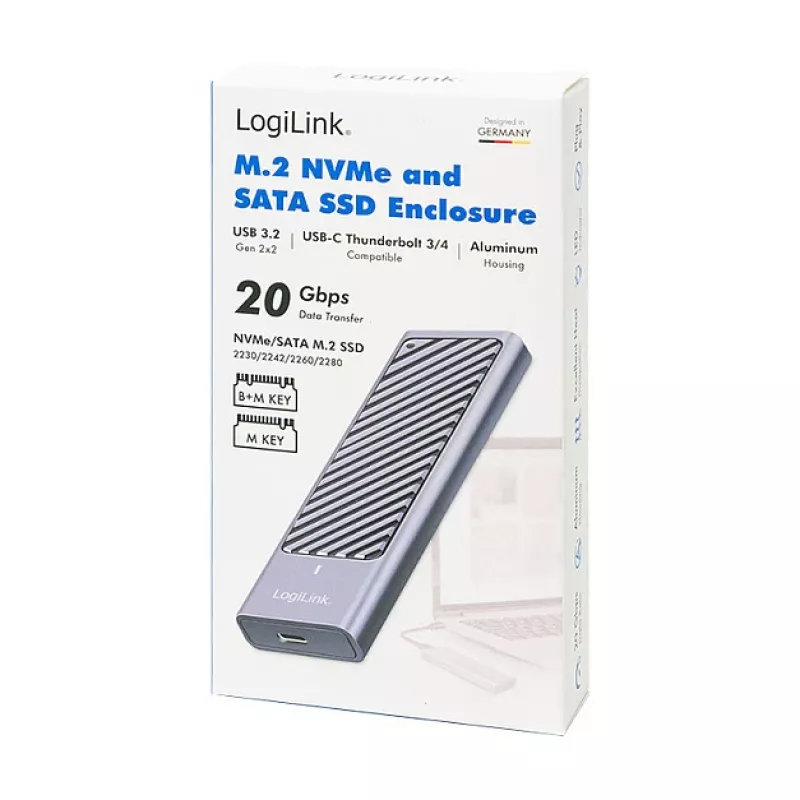 LogiLink UA0435 USB 3.2 Gen 2x2 SSD korpus, M.2 NVMe/SATA, USB-C, 20 Gbps, hall