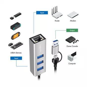 Logilink UA0440 USB 3.2 Gen 1 3-Pordiline Jaotur Gigabitise Etherneti Adapteriga, USB-C ja USB-A Ühendus, Alumiinium