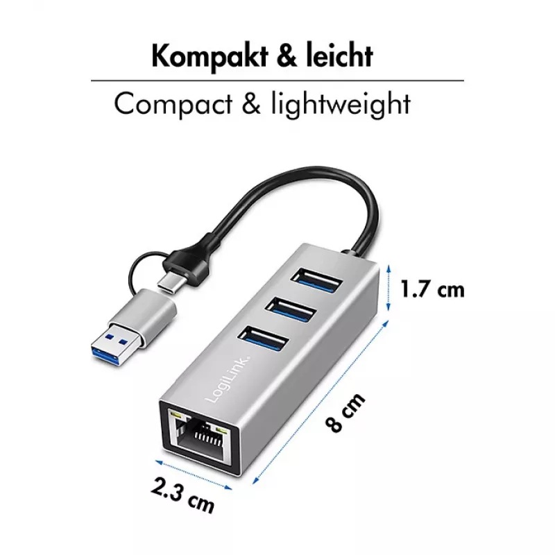 Logilink UA0440 USB 3.2 Gen 1 3-Pordiline Jaotur Gigabitise Etherneti Adapteriga, USB-C ja USB-A Ühendus, Alumiinium