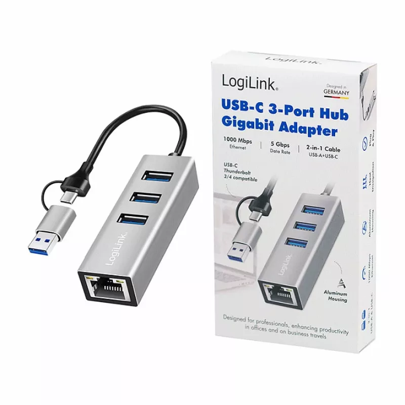 Logilink UA0440 USB 3.2 Gen 1 3-Pordiline Jaotur Gigabitise Etherneti Adapteriga, USB-C ja USB-A Ühendus, Alumiinium