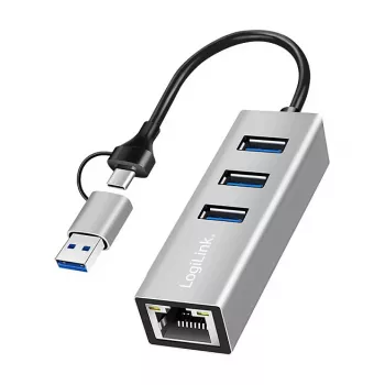 Logilink UA0440 USB 3.2 Gen 1 3-Pordiline Jaotur Gigabitise Etherneti Adapteriga, USB-C ja USB-A Ühendus, Alumiinium
