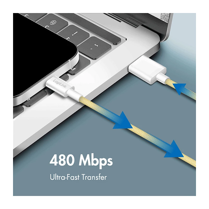 LogiLink USB 2.0 Type-C kaabel, USB-A isane USB-C isane, 480 Mbps, 60W Power Delivery, nailonist punutud, kollane, 1 m