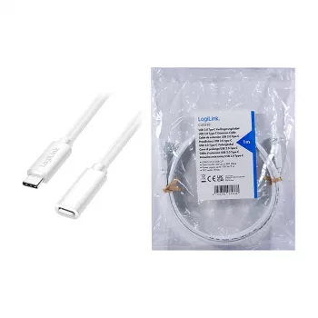 LOGILINK USB 2.0 Type-C pikenduskaabel – USB-C isane kuni emane, 480 Mbps, 100W Power Delivery, valge, 1m