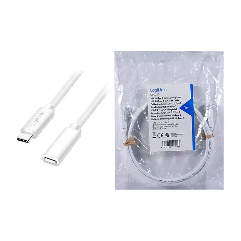 Logilink USB 2.0 USB-C pikenduskaabel (isane kuni emane) – 100W PD, 480 Mbps, valge, 2m