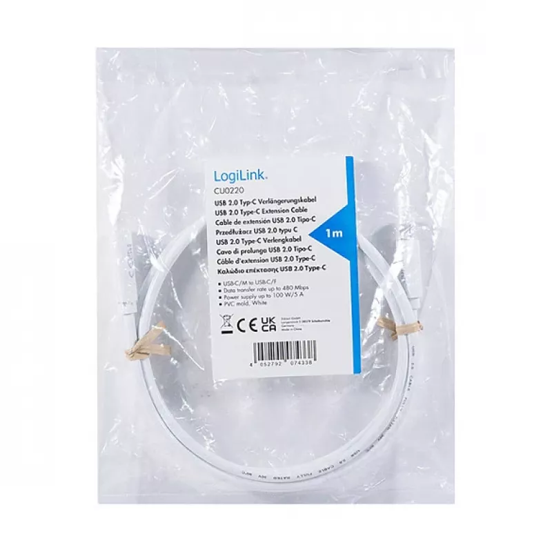 Logilink USB 2.0 USB-C pikenduskaabel (isane kuni emane) – 100W PD, 480 Mbps, valge, 2m