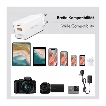 Logilink USB-A/C laadija 65 W GaN, 1x USB-A (QC), 1x USB-C (PD), valge