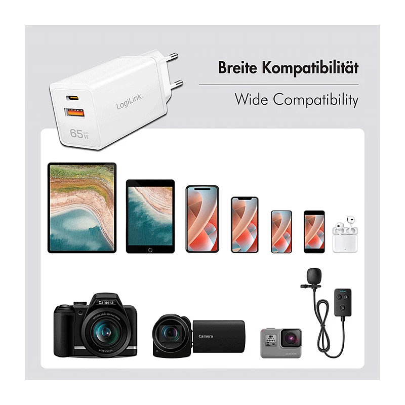 Logilink USB-A/C laadija 65 W GaN, 1x USB-A (QC), 1x USB-C (PD), valge