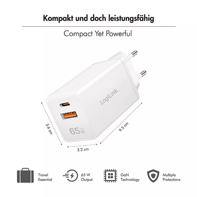 Logilink USB-A/C laadija 65 W GaN, 1x USB-A (QC), 1x USB-C (PD), valge