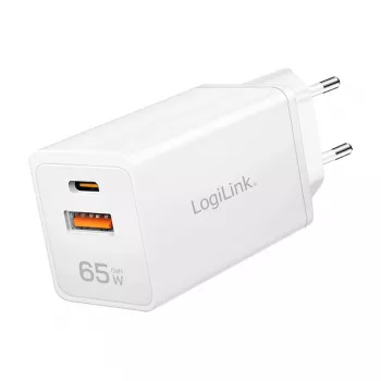 Logilink USB-A/C laadija 65 W GaN, 1x USB-A (QC), 1x USB-C (PD), valge