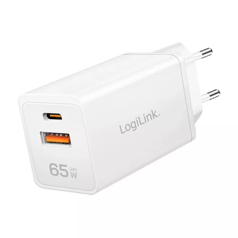 Logilink USB-A/C laadija 65 W GaN, 1x USB-A (QC), 1x USB-C (PD), valge