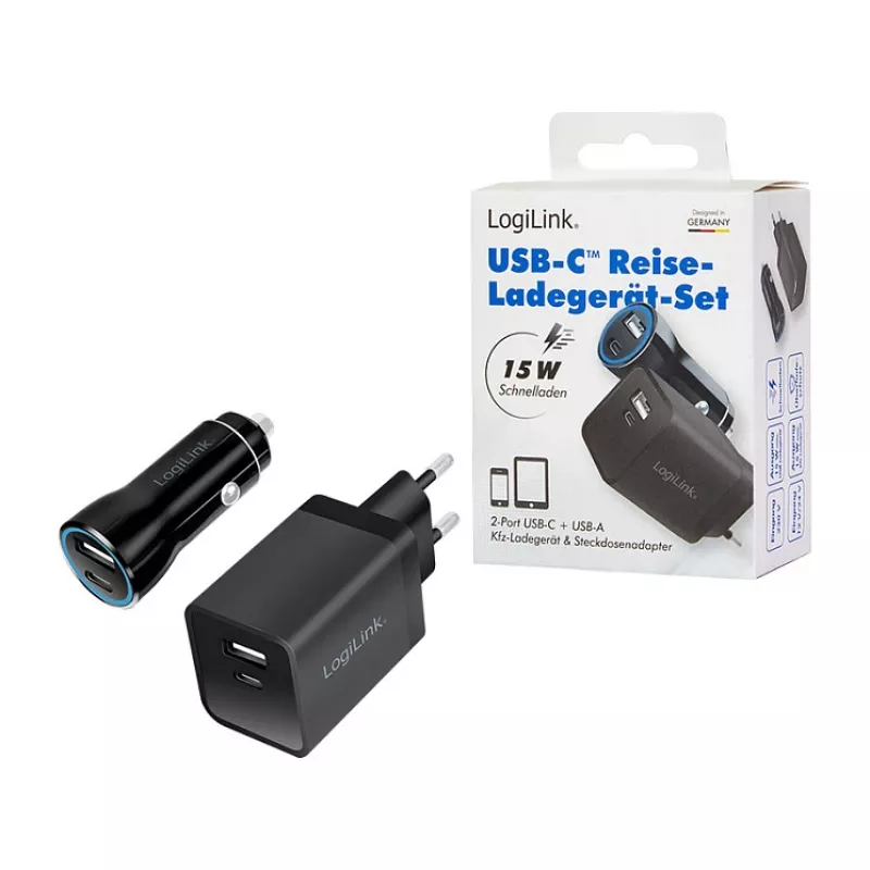 Logilink USB-A/C laadimiskomplekt, 15 W, 1x USB-A, 1x USB-C, must