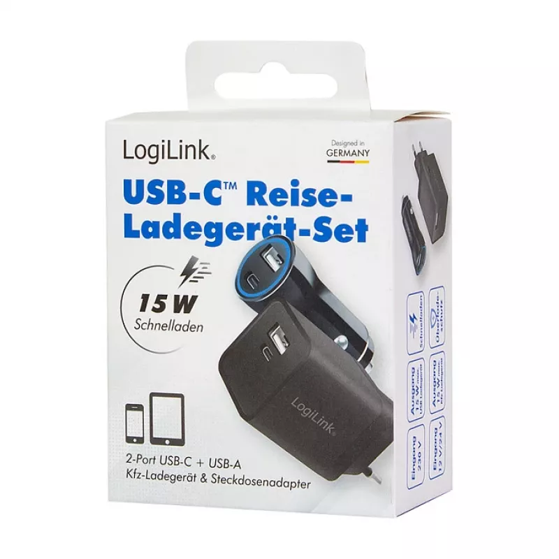 Logilink USB-A/C laadimiskomplekt, 15 W, 1x USB-A, 1x USB-C, must