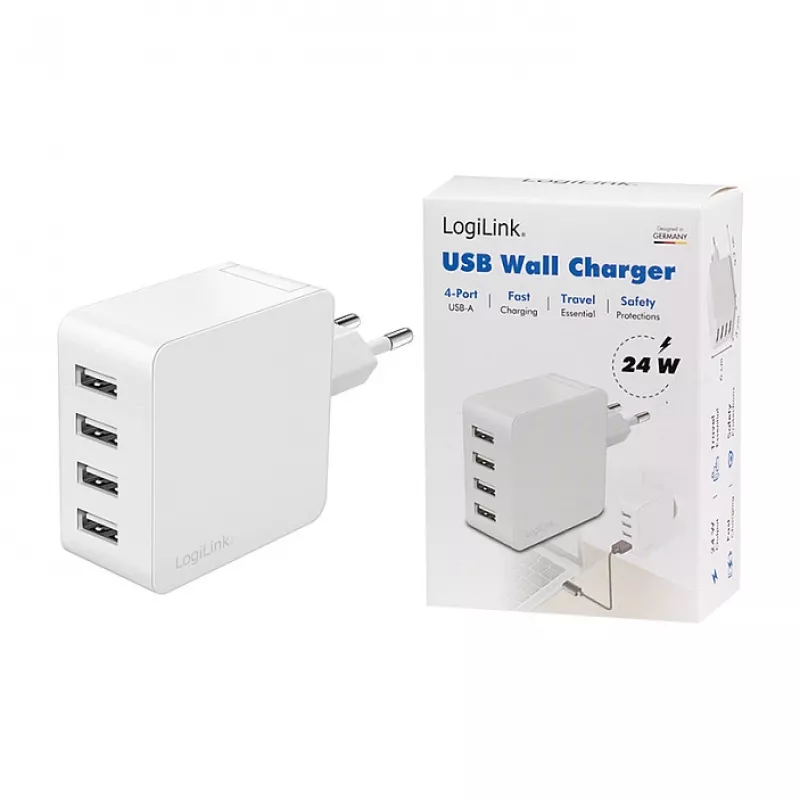 Logilink USB-A laadija, 24 W, 4 pordiga, 4x USB-A, valge